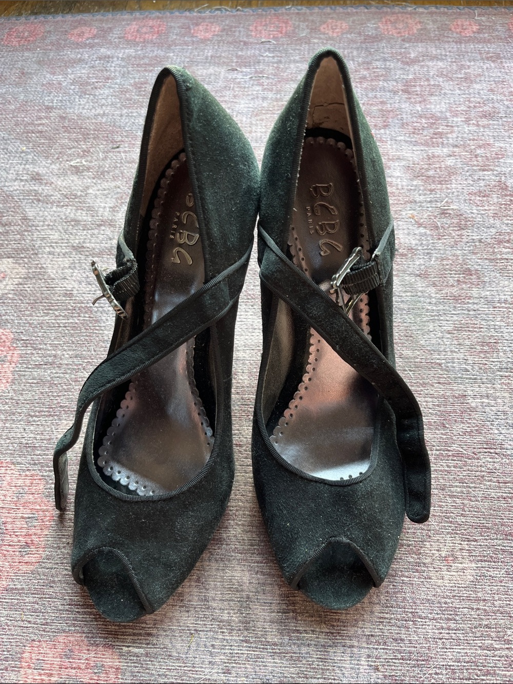 BCBGMaxAzria Black Suede Peep-Toe Cross-Strap Heels